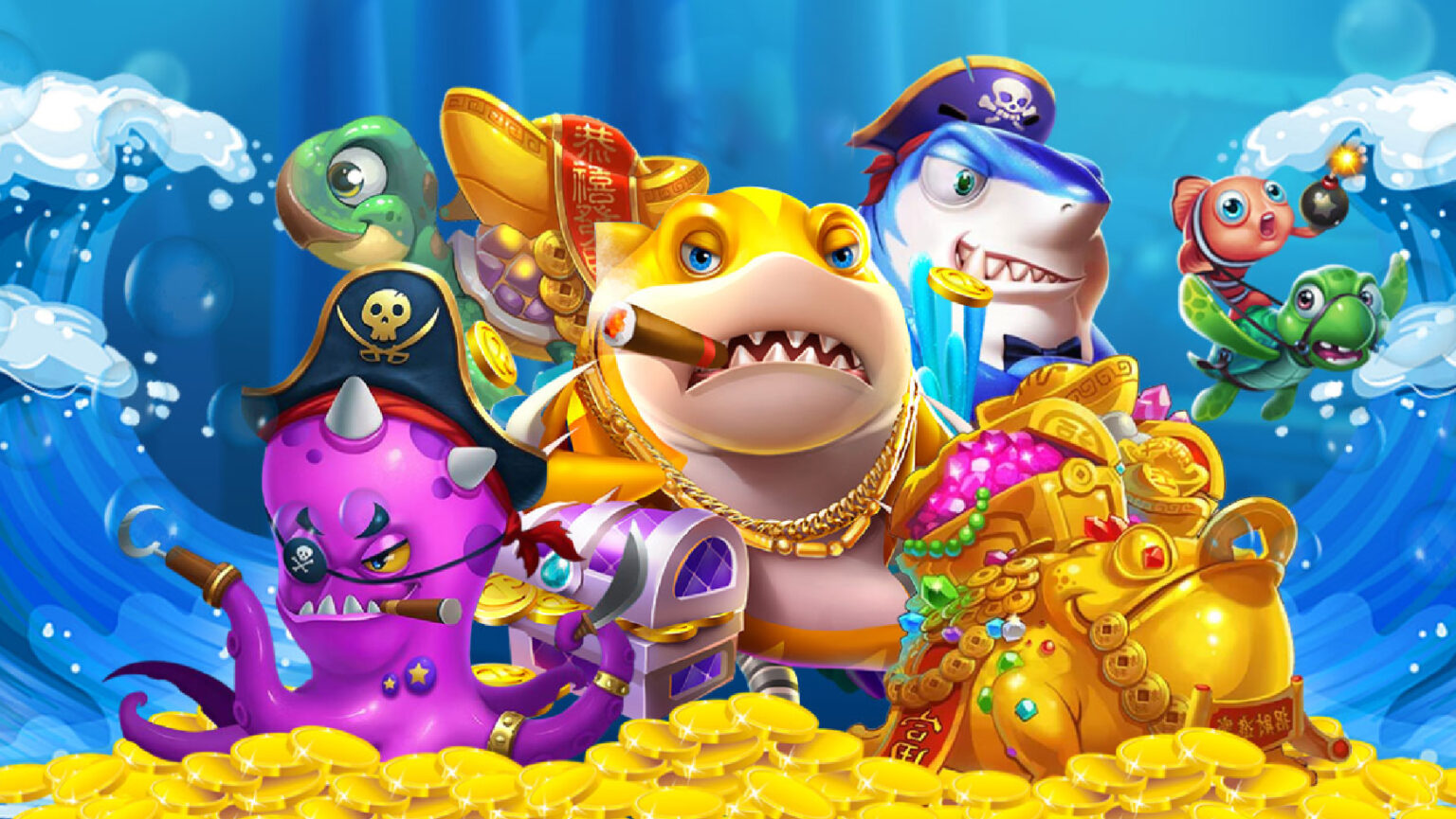 ฉากเกมยิงปลาที่มีสัตว์น้ำหลายขนาดให้เล็งเป้าหมาย